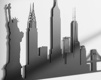 Arte mural metálico con el horizonte de Nueva York, decoración urbana moderna