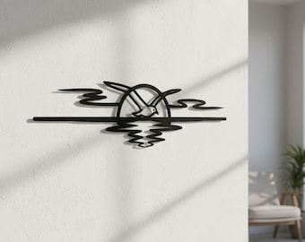 Arte de pared de metal con gaviota, silueta de atardecer costero, decoración de casa de playa