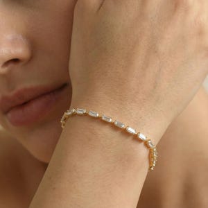 Baguette Cut Tennis Bracelet, Art Deco Crystal Chain, Gold Rectangular Stone Bangle, Dainty Stacking Jewellery, Silver Modern Gift for Her
