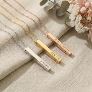 Custom 3D Vertical Bar Necklace • 4 Sided Engraved Necklace for Mom • Personalized Stick Jewelry • Dainty Mothers Day Gift for Her