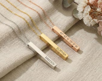 Custom 3D Vertical Bar Necklace • 4 Sided Engraved Necklace for Mom • Personalized Stick Jewelry • Dainty Mothers Day Gift for Her