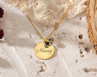Personalisierte Nanny Halskette, Geburtsstein Halskette für Nan, Nanny Geschenk von Enkelkindern, Benutzerdefinierte Name Disc, Familie Birthstone Schmuck