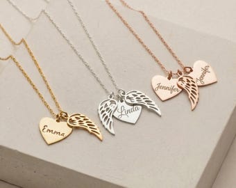 Custom Angel Wing Necklace, 14K Gold Name Heart Charm for Memorial, 925 Sterling Silver Guardian Angel Gift, Dainty Jewelry for Her