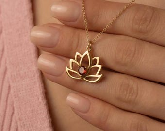 Birthstone Lotus Necklace, Gold Flower Pendant, New Beginnings Gift, Yoga Jewelry for Her, Spiritual Healing Charm, Dainty Floral Choker