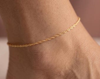 Dainty Twisted Singapore Anklet, 1.5mm 925 Sterling Silver Rope Chain, Gold Or Rose Gold Minimalist Everyday Ankle Jewelry For Women