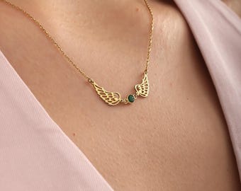 Naszyjnik ze skrzydłami anioła z kamieniem szlachetnym dla kobiet, naszyjnik ze srebra próby 925 z aniołem stróżem dla mamy, prezent pamiątkowy ze złota 14-karatowego, prezent na Dzień Matki