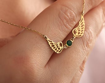 Birthstone Angel Wing Necklace, 925 Sterling Silver Memorial Angel Wings Necklace, 14K Gold / Rose Gold Plated Guardian Angel Necklace