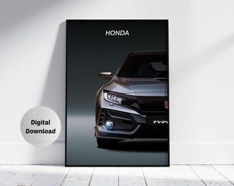 Honda Civic Type R 2018, Pósteres de superdeportivos, Arte mural para coches, Regalo para padre e hijo, Descarga imprimible