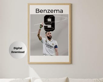 Karim Benzema, wydruk w ramie, plakat do druku, styl mid-century modern, pokój w akademiku, piłka nożna GOAT