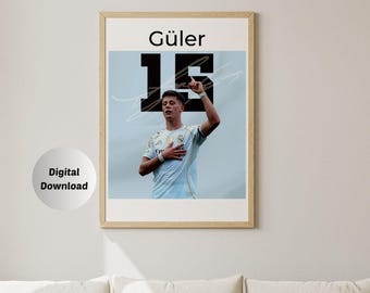 Arda Güler, Framed Print, Printable Poster, Mid-Century Modern, Uni Dorm Room, Soccer GOAT