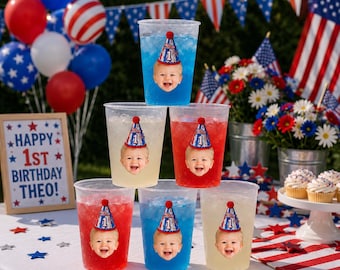 Custom Face Frosted Cups | Personalized First Birthday Party Favors (4th of July)