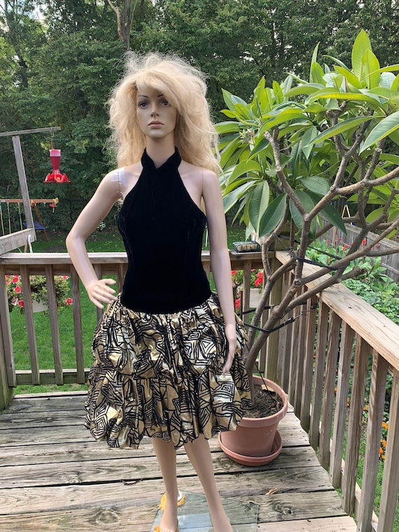 Vintage Gold Lame Black Velvet Halter Dress, Geometric Party Dress (Size 9/10)