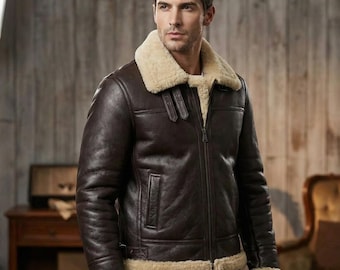 Handmade Mens 100 % Genuine Leather RAF Aviator Bomber B3 Real Leather Jacket Brown Leather Coat Sheep Skin Pilot Flying