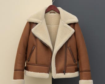 Brown Leather Shearling Jacket | Women's Handmade Aviator Bomber with Fur Collar | Stylish Winter Coat
