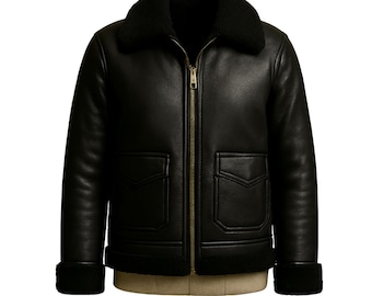 Handgefertigte Lammfell Fliegerjacke: Herren B3 Bomber aus schwarzem Schaffell