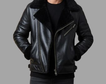Herren schwarze Schaffell Shearling Lederjacke mit Pelzfutter