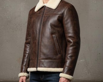 Men’s Shearling Leather Jacket, Genuine Brown Aviator Coat, Handmade Winter Sheepskin Flight Jacket, Warm Vintage B3 Bomber Style