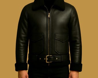 Men's Black Shearling Leather Bomber Jacket: Sheepskin Leather  Coat
