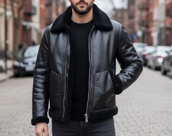 Men's Handmade Black Shearling Real Leather Bomber Jacket, Vintage Style Pilot Jacket for Men