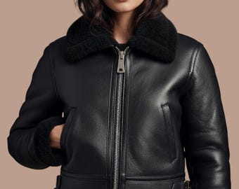 Schwarze Schaffell Shearling Jacke: Damen Leder Wintermantel