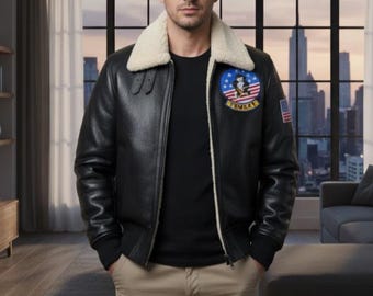 Men’s Black Shearling Bomber Leather Jacket: Genuine Leather Fur Lined Winter Coat