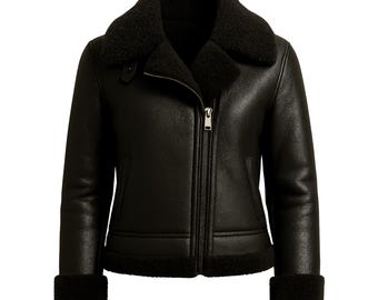 Frauen schwarze Shearling Lederjacke Fliegerpilot RAF B3 Bomberjacke, schwarze Pelzjacke, Shearling Schaffellmantel, handgefertigter Damenmantel