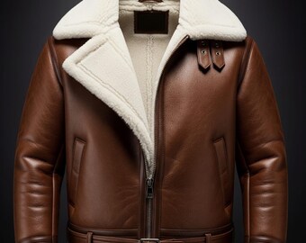 Men's Brown Shearling Leather Coat with Fur Lining: RAF B3 Aviator Bomber Leather, Handmade Shearling Leather Coat, Brown Shearling Coat Men
