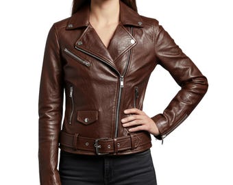 Women’s Handmade Lambskin Leather Jacket Brown Vintage Coat with 100% Genuine Leather
