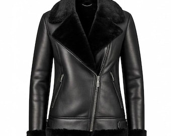 Women's Black Shearling Leather Jacket Aviator pilot RAF B3 Bomber Coat, Black Fur Jacket, Shearling B3 RAF Coat, Handmade Women's Coat
