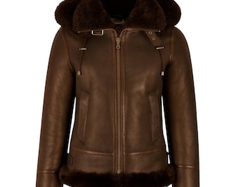 Handgefertigte Lammfell Fell Leder Mantel: Frauen B3 Bomber Aviator Braun