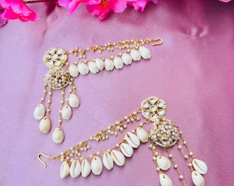 クンダン・カウリーシェル・イヤーチェーン｜パール・サハラ・バフバリ・スタイル・インド・ブライダルジュエリー