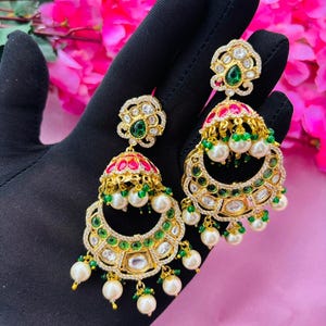 Multicolor Kundan Chandbali Jhumka Earrings, Ruby Emerald Gold Plated Drops with Pearl, Large Statement Indian Bridal Jewelry, Wedding Gift