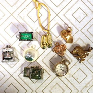 May include: A collection of vintage charms in gold and silver tones, including a camera, coffee maker, and a clock. Other charms include a pair of ballet slippers, a lion, and a small green framed charm. The charms are on a patterned background.