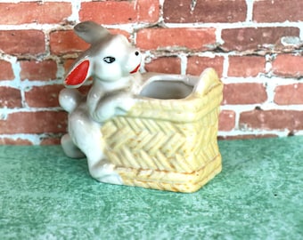 Vintage Ceramic Bunny with Basket Toothpick Holder From Japan (HAS DEFECT)