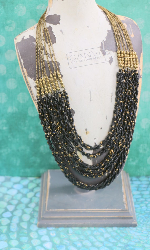 Vintage Black Glass Beaded 7 Strand Necklace