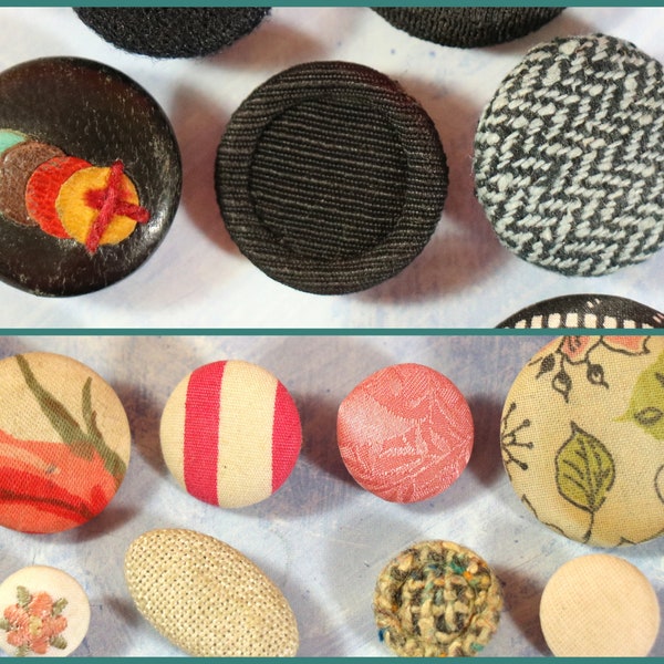 1 Vintage Fabric Button - Black, Pink and Ivory