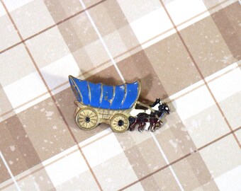 Vintage Enameled Stamped Brass Covered Wagon Pin