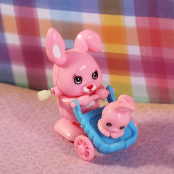 1 Vintage Plastic Windup Bunny with Stroller Toy - Working