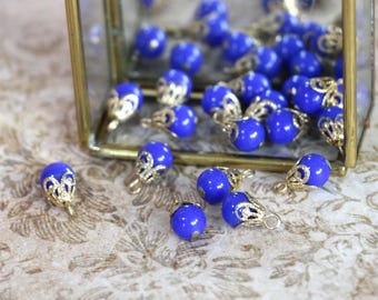 3 Vintage Blue Glass and Brass Drop