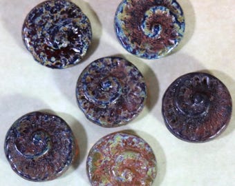 3 Czech Brown Glass Beads with Fossil Design