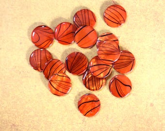 4 Large Flat Round Orange and Black Glass Beads