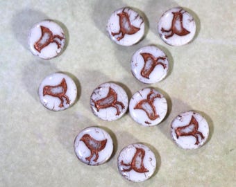 2 Czech Flat Round Glass Double-Sided Bird Beads
