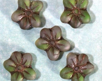 2 Czech Green Glass Flower Beads