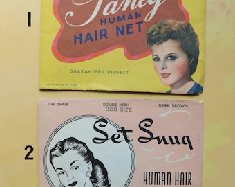 May include: Two vintage hair net packages with illustrations of women. The first package is yellow with pink and red text that reads "Taney Human Hair Net" and "Guaranteed Perfect". The second package is pink with black text that reads "Set Snug Human Hair Hair Net" and "Guaranteed Perfect".
