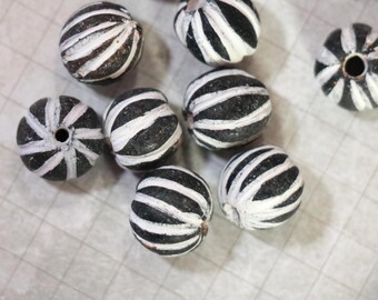 3  Large Round Black and White Clay Beads
