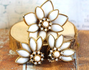 Vintage Milk Glass and Brass Demi-Parure Brooch and Earring Set
