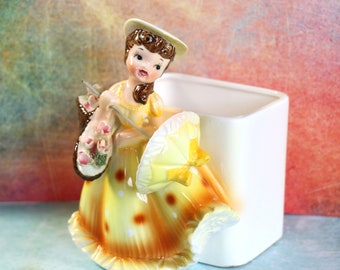 Vintage Lefton 1950's Ceramic Girl with Umbrella Planter