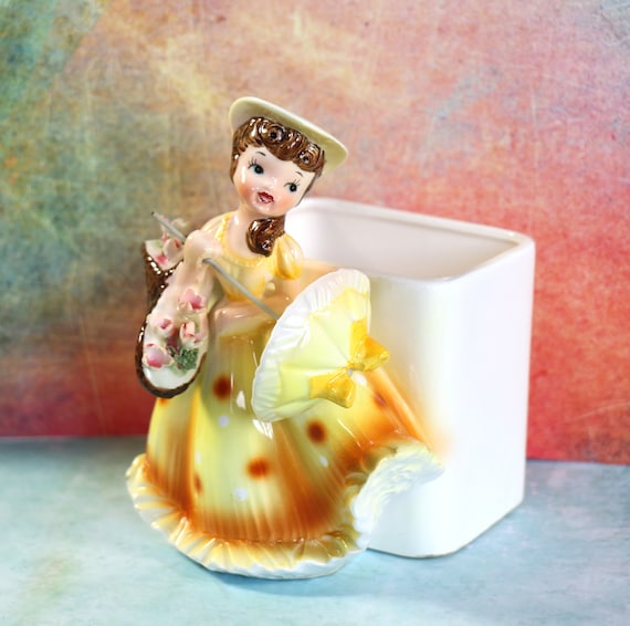 Vintage Lefton 1950's Ceramic Girl with Umbrella Planter