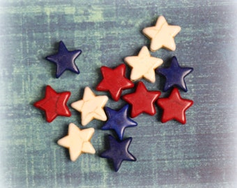 3 Magnesite Stone Red, White and Blue Star Beads