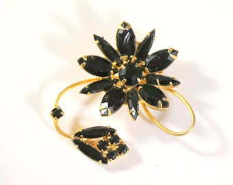 Vintage Black Rhinestone  Flower Brooch